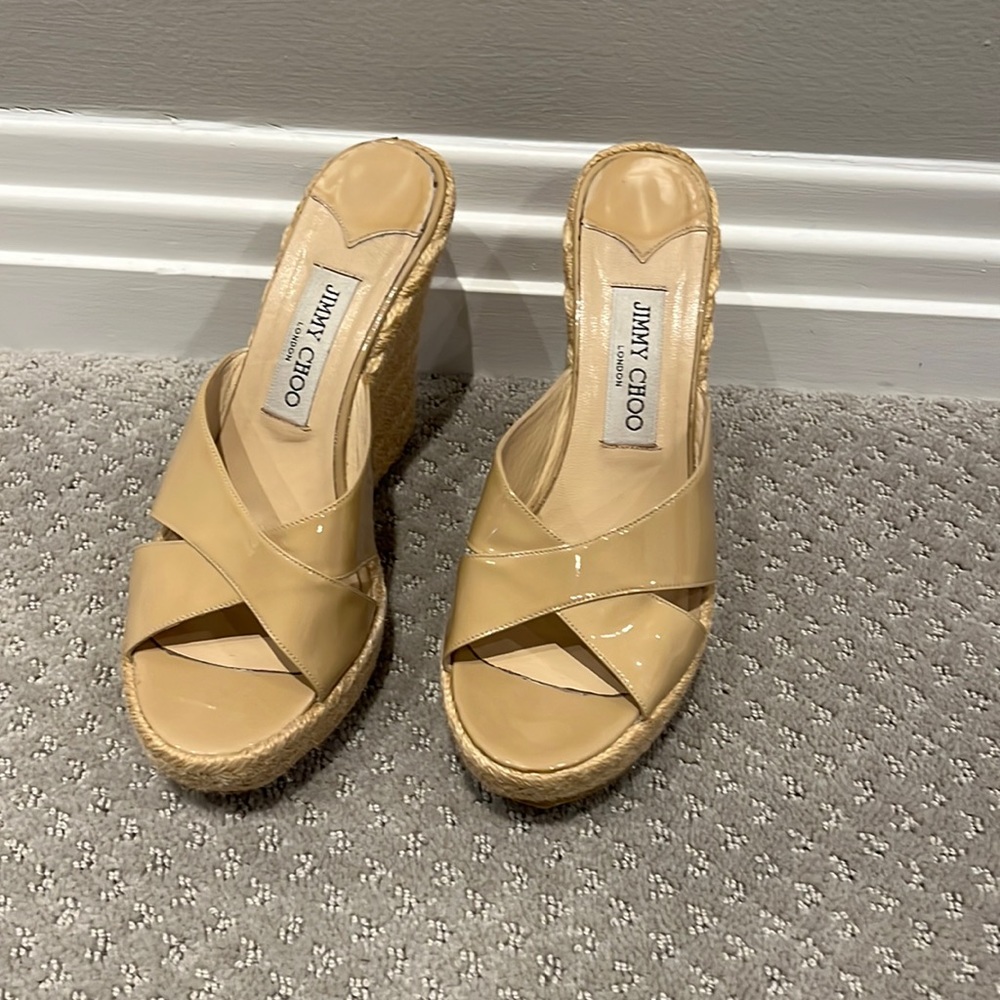 Authentic Jimmy Choo Nude Patent Espadrille wedges Size 38